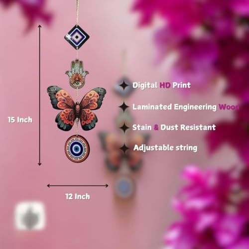 Image of Hamsa Hand Evil Eye Butterfly Wooden Wall Hanging for Home Decor | Hamsa Hand Decoration for Livingroom | Modern Artworks Items | Peace Charm Door Accent Decorative Hangings