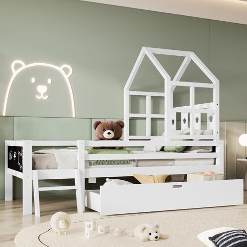 Merax-Full-Size-Wood-House-Bed-with-Storage-Drawers-Double-Sided-Blackboards-and-Guardrails-for-Childrens-Room-Montessori-Platform-Bed-Frame-for-Boys-Girls-Teens-Solid-Wooden-Slats-Support-White Merax Full Size Wood House Bed with Storage Drawers Double Sided Blackboards and Guardrails for Childrens Room Montessori Platform Bed Frame for Boys Girls Teens Solid Wooden Slats Support White