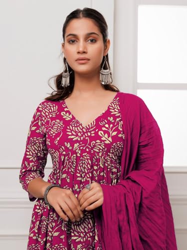 Image of GoSriKi Women's Cotton Blend Anarkali Printed Kurta with Pant & Dupatta