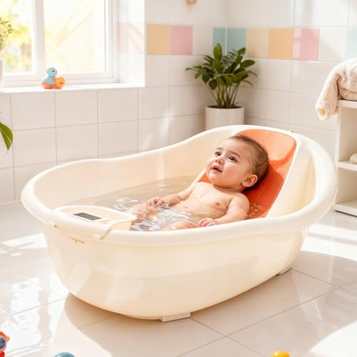 Image of Baybee Dive Baby Bath Tub for Kids | Bathing Tub with Touch Monitor & Tray | Newborn Baby Bath Seat | Kids Bather with Anti-Slip Support & Soft Headrest | Kids Bathtub for Baby 0 to 5 Years (Orange)