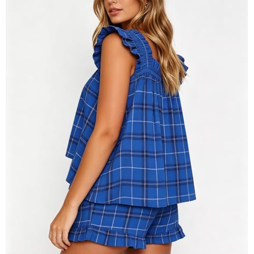 Image of SOOKABEILA Women 2 Piece Lounge Set Sleeveless Striped Cami Peplum Top Boxer Shorts Loose Ruffle Matching Pj Sets Outfits