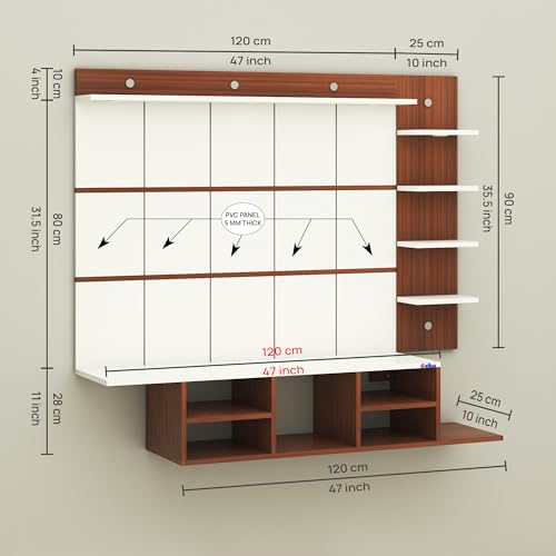 Image of Anikaa Charley Engineered Wood Wall Mount Striped PVC Back Panel TV Unit with Spot LED Lights | TV Cabinet with Open Storage Box (Walnut /White) | Ideal for UP to 43 Inch TVs - DIY Installation