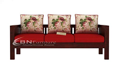Image of BN Furniture Solid Sheesham Wood Sofa Set 6,5,3&2 Seater Cushioned Back for Living Room Stylish, Durable & Comfortable for Home, Office, Hall, Guest Room (red Cushioned Sofa 3 Seater, 3 Seater)