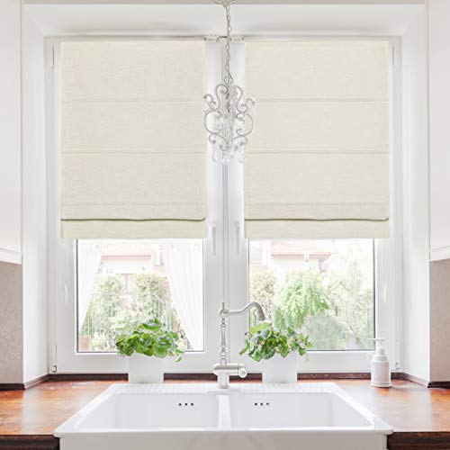 TWOPAGES Roman Blinds Faux Linen Roman Shade for Kitchen Windows, Custom Made Roman Window Shade Room Darkening Blackout Roman Shade Washable Fabric, Install Hardware Included, Sand Beige, 1 Piece