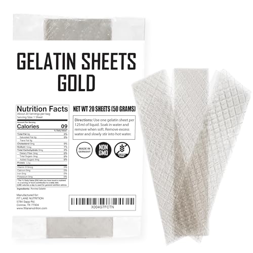 Gold Gelatin Sheets for Baking – 20 Count (50 Grams) – Unflavored Clear Leaf Rectangle for Desserts – 200 Bloom Strength – Product of Germany – Easy to Use – by Fit Lane Nutrition