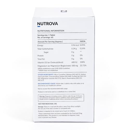 Image of Nutrova Magnesium+D3 | With Magnesium Bisglycinate & Vitamin D3 | Supports Better Sleep, Mood, Energy & Muscle Recovery | High Absorption Formula | Gentle on Stomach | 60 Veg Tablets (Pack of 1)