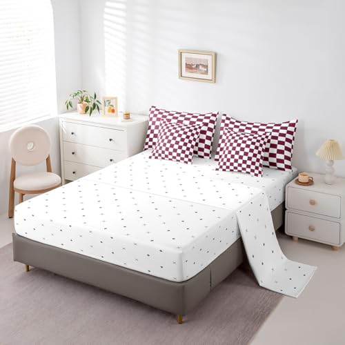 Image of Erosebridal Burgundy Check Plaid Queen Comforter Set with Sheets 7 Piece White Red Checkerboard Bedding Set,Checkered Grid Bed in A Bag for Kids Teen Adults Aesthetic Geometric Bed Set
