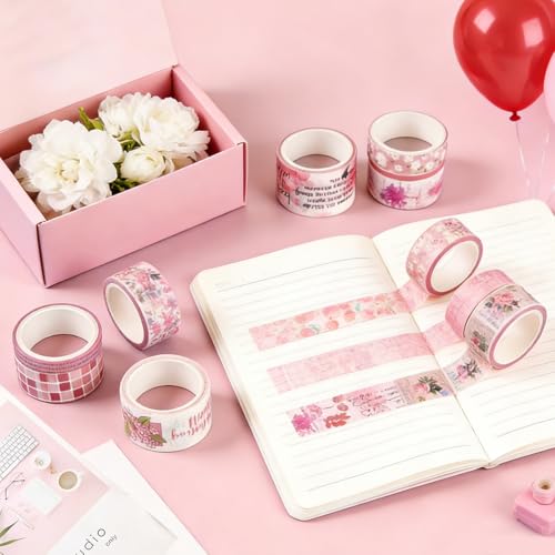 Image of HASTHIP 20 Rolls Washi Tape Set in 5 Sizes, Pink Floral Vintage Decorative Masking Tape for Scrapbooking, Journaling, Planners, DIY Crafts & Art Projects, 6.6ft Per Roll
