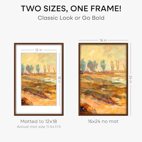 Image of Homeforia Walnut Picture Frame 16x24, High End Dark Oak 16x24 Brown Wooden Frames with Mat 12x18, 16 x 24 Wood Poster Frame Matted to 12 by 18, 24x16 Hanging Frames, Tempered Glass, Wall Kit, Set of 1