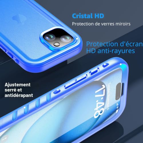 Protection Écran iPhone 15 Incassable Coque Bleue 360