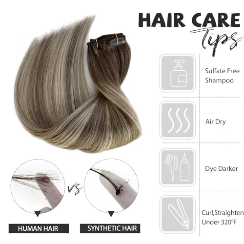 Image of Belaved Clip in Hair Extensions Real Human Hair, 16 Inch 70g 7pcs, Ash Brown & Bleach Blonde Balayage Seamless Invisable Extensions