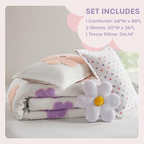 Intelligent Design Kids Full Comforter Set for Girls, Tufted Chenille Floral Comforter Set Queen, Lightweight Polka Dot Reversible Bed Set, Shams, Pillow, Gracie, Full/Queen White/Purple 4 Piece