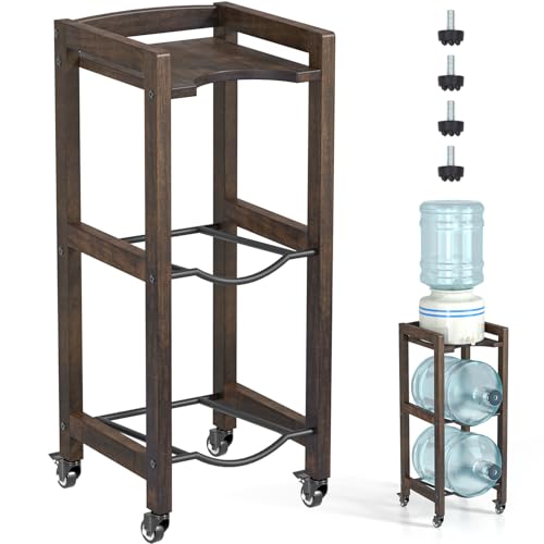 3-Tier 5 Gallon Water Jug Holder with Top Shelf – 4 Metal Wheels or Adjustable Feet – Natural Hardwood Water Dispenser Floor Stand – Wooden Organizer for Kitchen, Office, Garage – Space-Saving Design