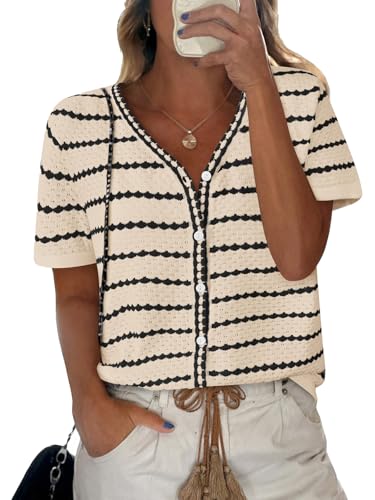 Image of NALANISA Women's Short Sleeve Sweater Spring Summer Crochet Knit Tops 2026 V Neck Striped Button Down Dressy Casual Blouses