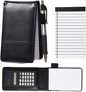 SAYEEC PU Leather Journal Mini Notebook with Calculator Working Small Notebook Notepad with Pen Pad Holder Set Multifunctional A7 Soft Cover Black Notebook for Office Working, Study