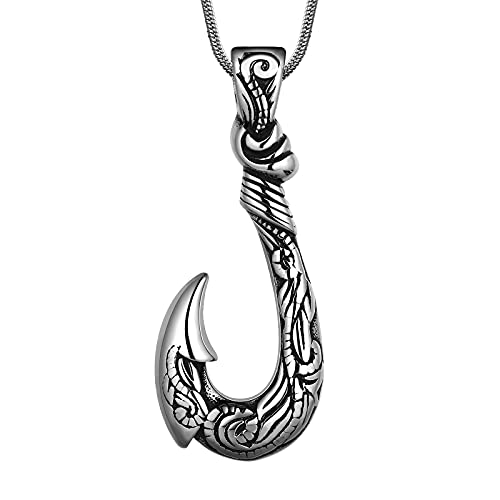 Fish Hook Pendant Necklace - Hawaii Fishing Carved Bone Fish Hook Necklace Stainless Steel Fishing Necklace Fish Scale Pendants Nautical Jewelry Gifts for Men Women Girls SP0127G