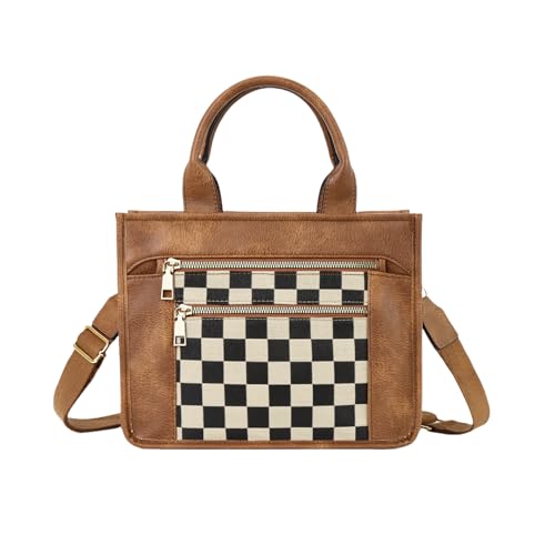 Image of WJCD Women's Tote Handbags Stylish Vegan Leather Handheld Purse for Women Plaid Striped Adjustable Strap Durable Lightweight