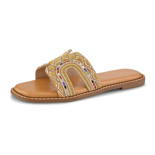Image of Centrino Women's Beaded Flat Sandals | Stylish Gold Crystal Slip-On with Ornate Cutout Design | Soft Cushioned Footbed |Elegant & Trendy Open Toe Slip-On | Luxury Footwear for Wedding /Party (9301)