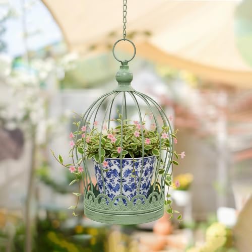 Support pour pot fleurs suspendu moderne style cage verte intérieur