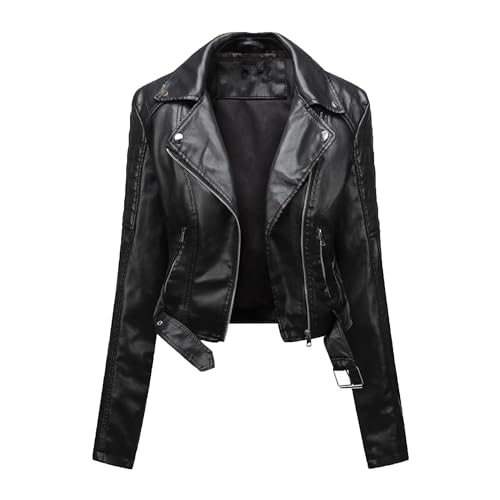 Silunma2021 Chaqueta corta ligera de piel sintética con cremallera para mujer, color sólido, abrigo de motocicleta, talla grande, con solapa (negro, L)