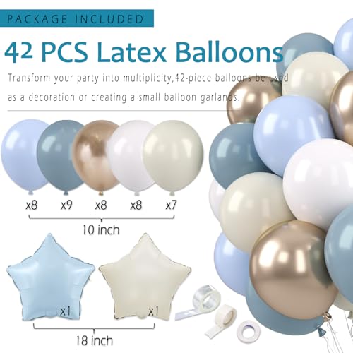 Image of Dusty Blue Beige Champagne Women Birthday Decorations, Boho Neutral Boys Girls Blue Party Decor With Fog Cream Gold Balloons,Happy Banner Garland,Paper Lanterns, Honeycomb Tissue Pom Poms For Adults