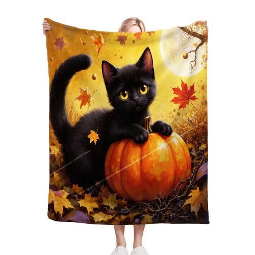 Couverture Polaire 220x240 Chat Noir Citrouille contre le Froid Nocturne