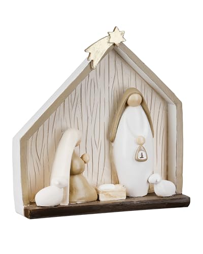 CULT at home kleine Krippe Stall – Weihnachtskrippen Set Haus 5 Figuren - Heilige Familie Krippenensemble – Deko Weihnachten Geschenk Nikolaus Advent 16,5 x 18,5 cm