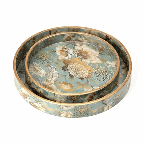 Image of Round Wooden Serving Tray Set of 2, Decorative Floral Design Resin Coated Trays with Raised Edge, Multipurpose Serving & Home Decor Trays for Dining Table, Centre Table & Kitchen