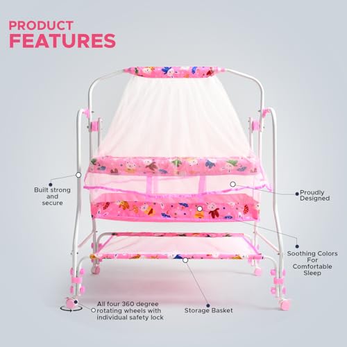 Image of BUBBLEBABY Baby Cradle | Jhula | Baggi | Palna | Ghodiyu | Ventilated | with Swing & Mosquito Net | 0-12 Months | Four Wheels with Brake | Storage | Polypropylene | Safe & Sturdy | Foldable | Pink