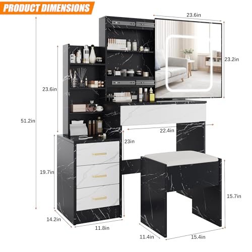 Vanity Desk with Sliding Mirror and Lights, Makeup Vanity Set with 4 Drawers, Stool, Power Outlet, Open Shelves, 3 Color Adjustable Light Modes, Makeup Dressing Table for Bedroom, Marble-Black & White