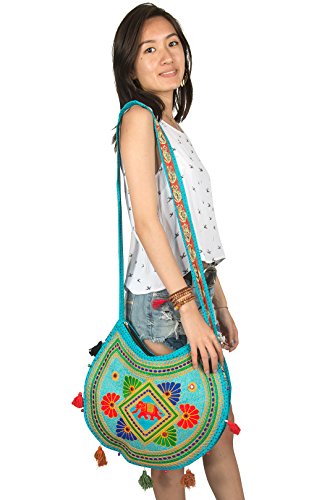 Tribe Azure Women Hippie Sling Handmade Crossbody Bag Boho Chic Patchwork Embroidered Shoulder Large Purse Gypsy Blue3