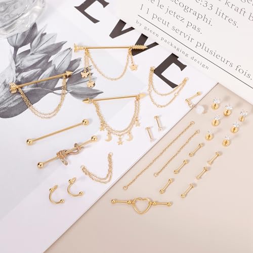 REVOLIA Surgical Steel Industrial Barbell Earrings with Chain for Women Dangle Cartilage Earring Studs Cartilage Helix Tragus Daith Industrial Piercing Jewelry Set2