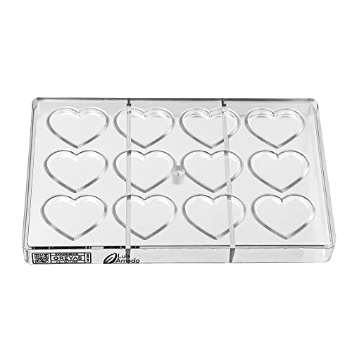 Greyas Cm 3839 Luis Amado Clear Polycarbonate Chocolate Mold Candy Mould With 12 Low-Heart Cavities, Each 53Mm X 44.9Mm X 5.4Mm High #TOP1