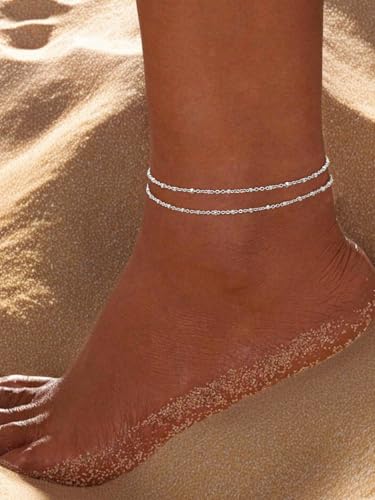 Image of Gold Ankle Bracelets for Women,14k Gold /Silver Plated Waterproof Layered lightweight Cuban Link Figaro Chain Heart anklet Bracelets Set Gold Anklets for women Trendy Jewelry Gift