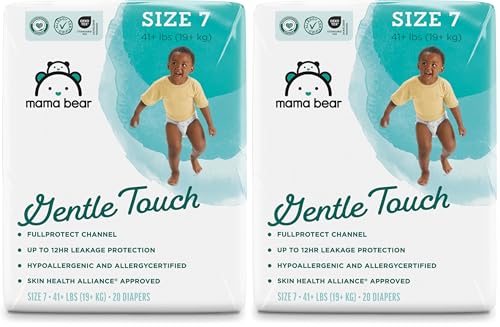 Image of Amazon Brand - Mama Bear Gentle Touch Baby Diapers, Size 7, 20 Count, Wetness Indicator, Stretchy Waistband, Secure Fit (Pack of 2)