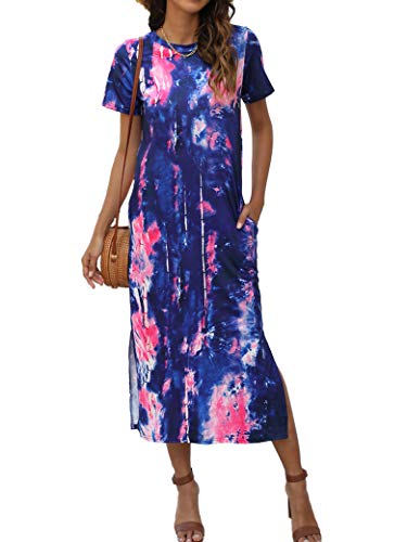 Image of Naggoo Summer Dresses for Women Short Sleeve Side Slit Long T Shirt Dress Beach Sundress Travel Vacation Outfits with Pockets