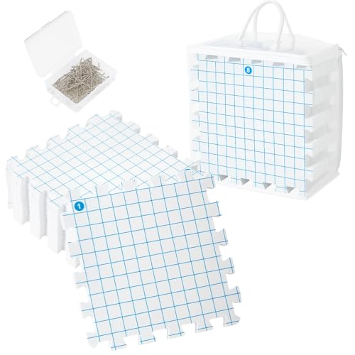 9-Pack Knitting Blocking Mats Kit with Grid Extra Thick Foam Boards for Knitting Crochet Projects 100 T-Pins Clear Carrying Bag Interlocking Blocking Boards for Shawls Blankets Crafts (9-Pack White)