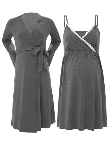 Alvivi Women Nursing Nightgown Delivery and Labor Gown for Hospital Nightgowns Nightdress with Robe Coat Grey L