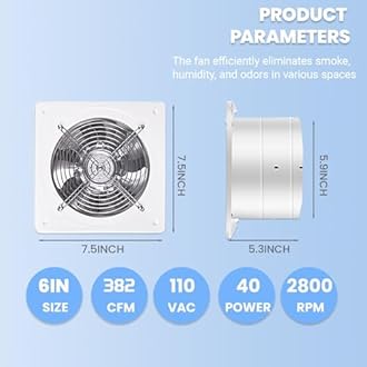 6 inch Exhaust Fan, 382CFM Wall Mounted Vent Fans, Ventilation Blower for Ceiling Bathroom Attic Window Basement Ventilation Fan, 110V 40W