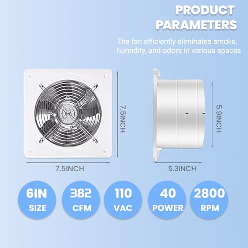 RLOZUI 6 inch Exhaust Fan, 382CFM Wall Mounted Vent Fans, Ventilation Blower for Ceiling Bathroom Attic Window Basement Ventilation Fan, 110V 40W (White, 6 inch)