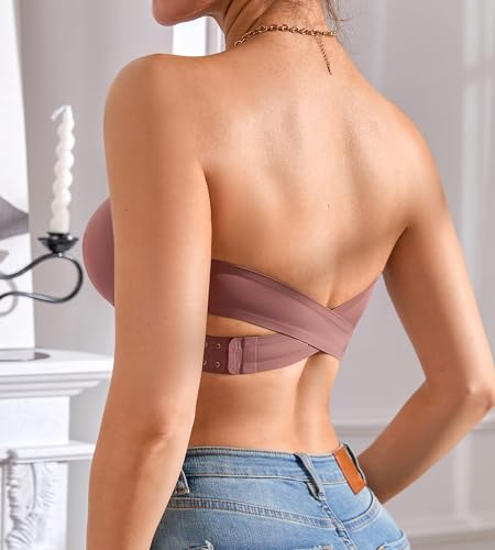 Image of DEANGELMON Strapless Bra for Women Crossover Side Closure Non-Slip Silicone Padded Bandeau Bras Wireless Tube Top Bra