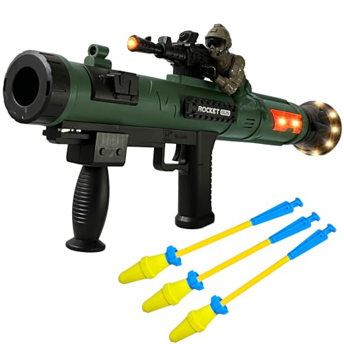 Toy Rocket Launcher, Rocket Gun with 3 Foam Rockets, Toy Rocket Barrel Launcher RPG Gun, with Sound, Vibration, LED Effects, Military Pretend Play Blaster Toy Gun (Dark Green)