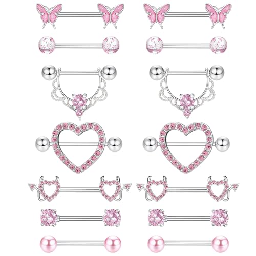 7 Pairs Pink Nipple Bars 16mm Nipple Piercing Jewellery Tongue Piercing