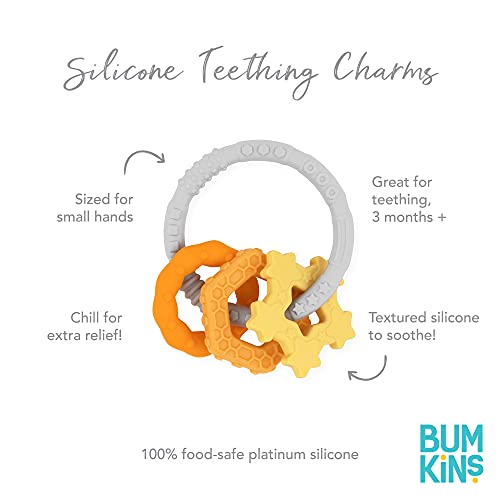 Image of Bumkins Baby Teething Freezer Toy Keys Rings, Soft Flexible Pacifier to Chew, Cool Teether Gum Relief, Babies 3 Months, Freezable Platinum Silicone, Sensory Bracelet with Charms, Orange and Gray