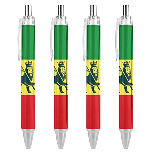 Bolígrafo retráctil con bandera de león rastafari etíope, punta pequeña, patrón personalizado, bolígrafos bonitos, tinta negra, 0,55 mm, 4 unidades