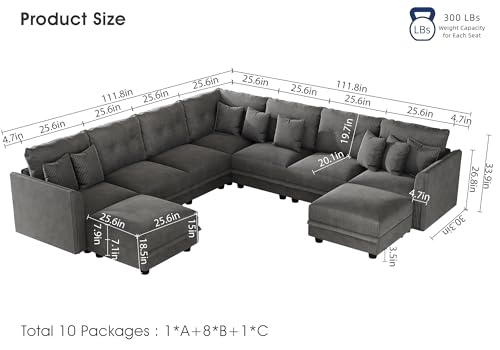 Image of LLappuil Modular Sectional Sofa with Storage, U-Shaped 9-Seat Corduroy Couch with 8 Throw Pillows, Pet-Friendly Convertible Pit Sofa for Living Room, Skin-Friendly & Soft, Grey