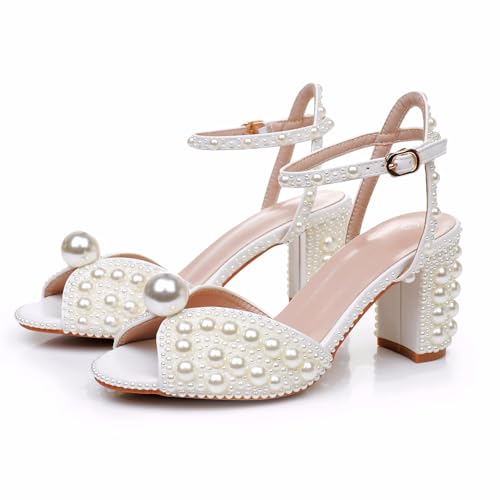 Crystal Queen Ivory Pearls Block Heel Sandals Chunky High Heels Peep Toe Sandals White Pearls Bridal Wedding Shoes Evening Wedding Sandals Pump Heels For Bride2