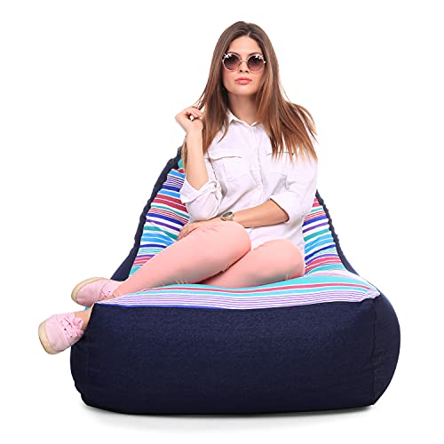 Image of Style Homez Urban Design Denim Canvas Stripes Printed Chair Bean Bag XXL Size Filled with Beans Fillers