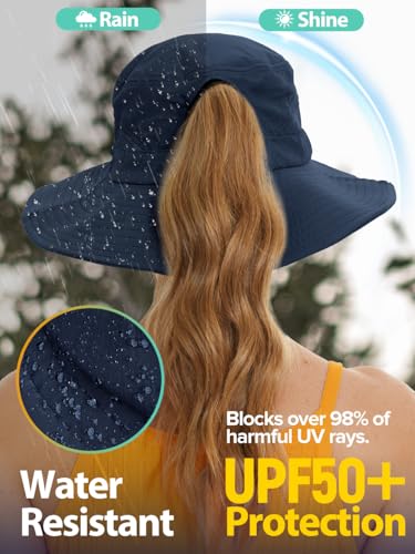 Image of EW East Water Sun Beach Hat for Women, UPF50+ Waterproof with Ponytail Hole | Large Breathable Mesh,3.5 inch Wide Brim, Adjustable Windproof Chin Strap,Quick-Dry, for Hiking Fishing Outdoor Safari