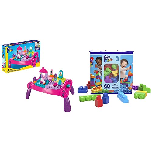 MEGA Bloks La Table d'apprentissage Rose avec Blocs de Construction et 2 véhicules, 30 pièces &...